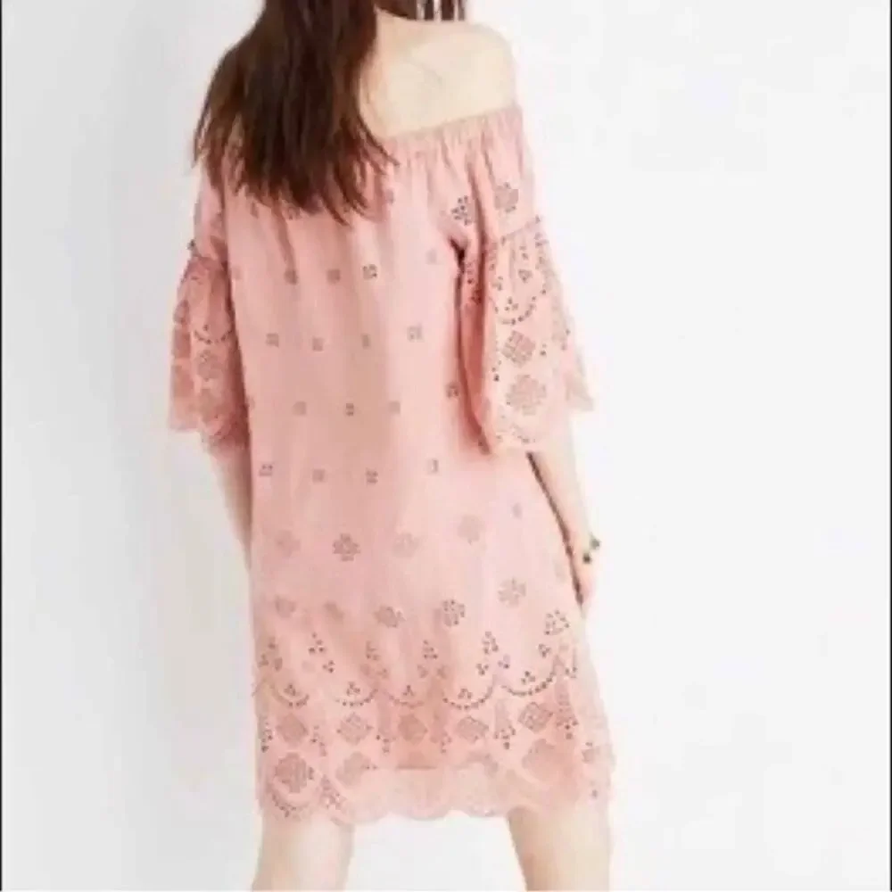 Madewell Dusty Pink Eyelet Off The Shoulder Dress Scalloped Flutter Sleeve Sz 6